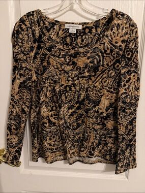 Liz Claiborne Black and Tan Paisley-Print Long Sleeve Top